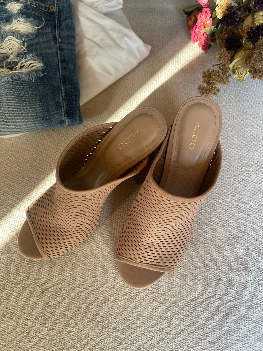 Aldo Neutral Perforated Block Heel Mules